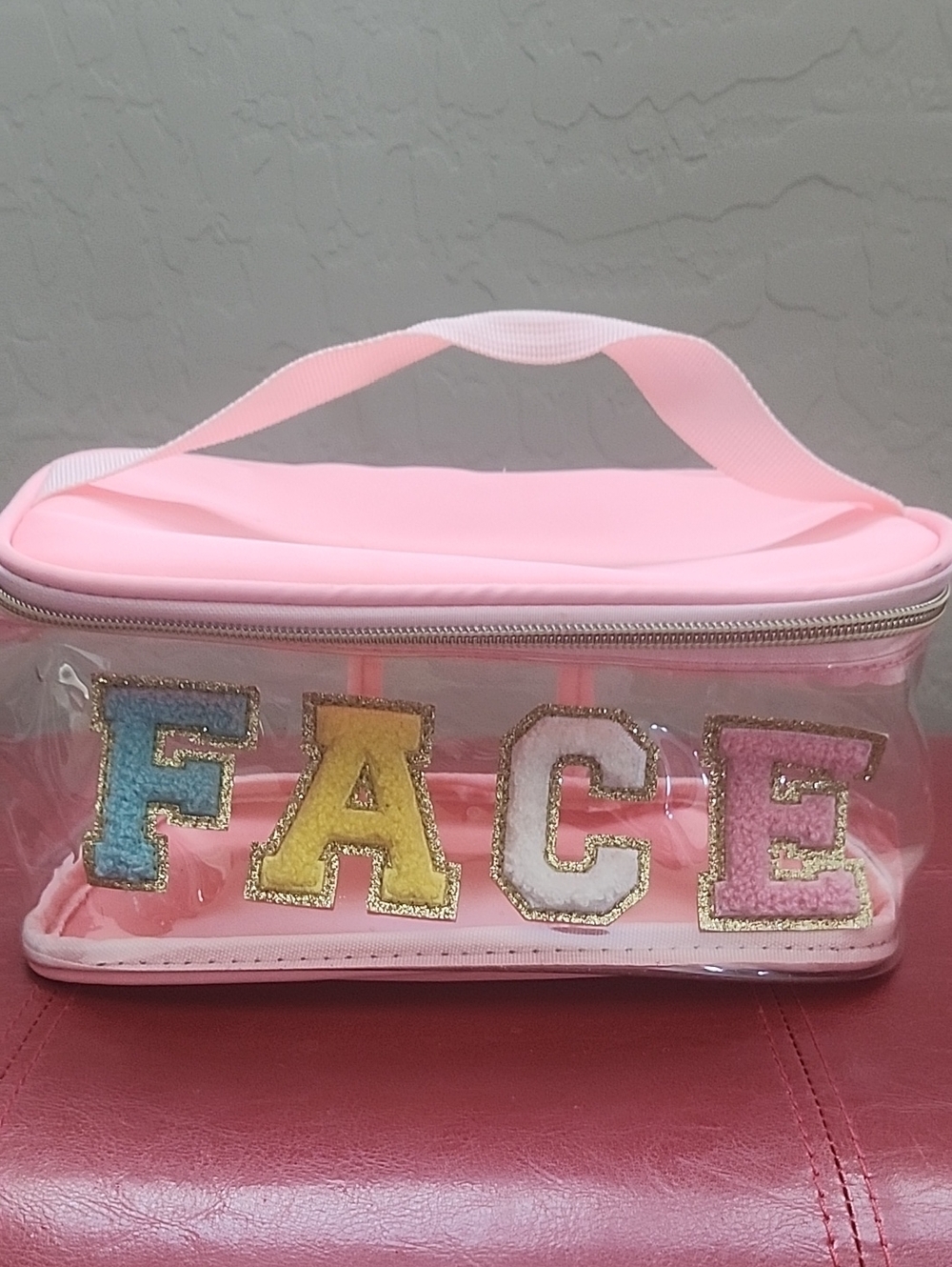 Pink Clear Kids Cosmetic Bag with Colorful FACE Letters